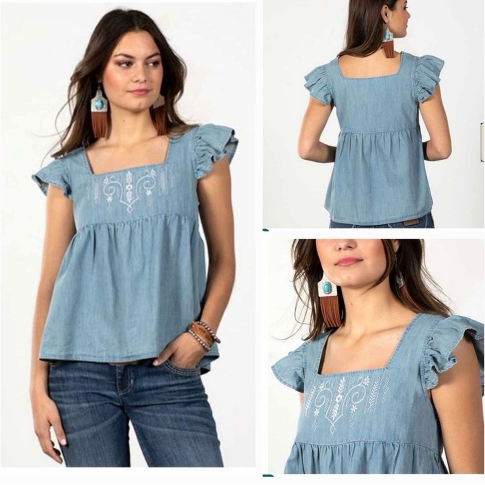 Wrangler Retro Cowgirl Western Light Denim Blue Cotton Top With Embroidery Sz M